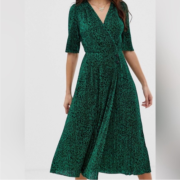 ASOS | Dresses | Asos Forest Green Leopard Print Pleatedcrinkle Midi Dress  | Poshmark
